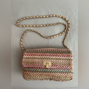 Woven fabric chain purse with gold details